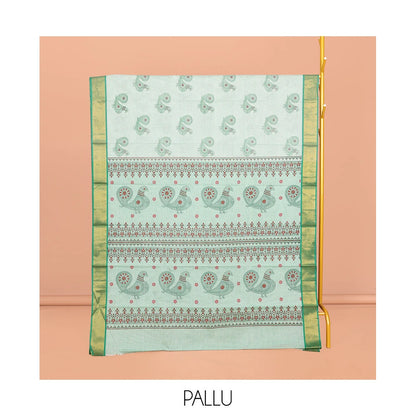 Pothys Green Andhra Cotton Saree, Detailed with Bird Motifs Print, a Contrast Zari Border, a Pallu of Bird-Print, and a Matching Blouse