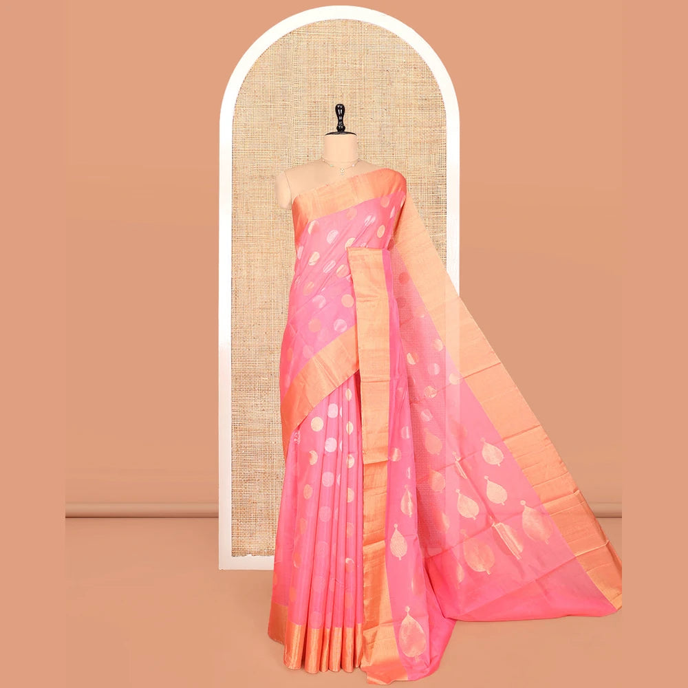 Pothys Pink Silk Cotton Saree, Prettified with Polka Dot Buttas, a Gleaming Bavanji Border, Pallu of Intricate Designs, and a Matching Blouse