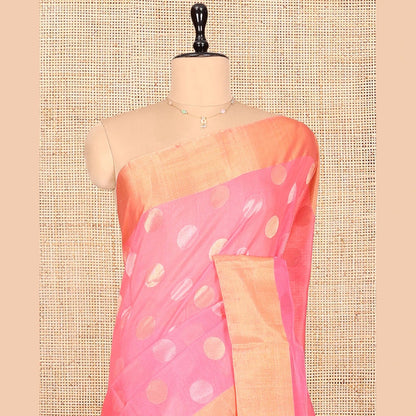 Pothys Pink Silk Cotton Saree, Prettified with Polka Dot Buttas, a Gleaming Bavanji Border, Pallu of Intricate Designs, and a Matching Blouse
