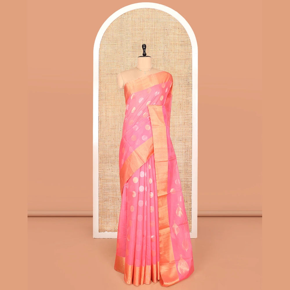 Pothys Pink Silk Cotton Saree, Prettified with Polka Dot Buttas, a Gleaming Bavanji Border, Pallu of Intricate Designs, and a Matching Blouse