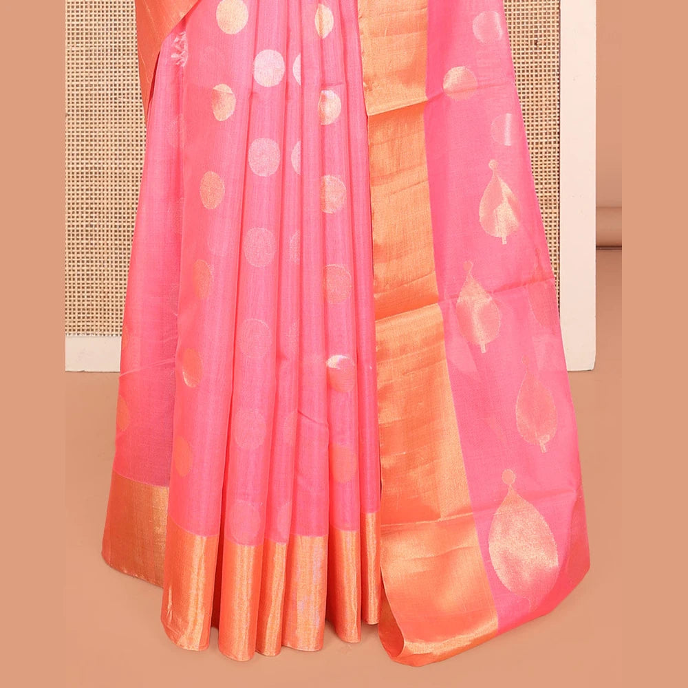 Pothys Pink Silk Cotton Saree, Prettified with Polka Dot Buttas, a Gleaming Bavanji Border, Pallu of Intricate Designs, and a Matching Blouse
