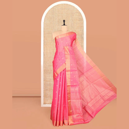 Pothys Pink Silk Cotton Saree, Detailed with Rudraksham Buttas, a Gleaming Bavanji Border, Pallu of Geometric Designs, and a Matching Blouse