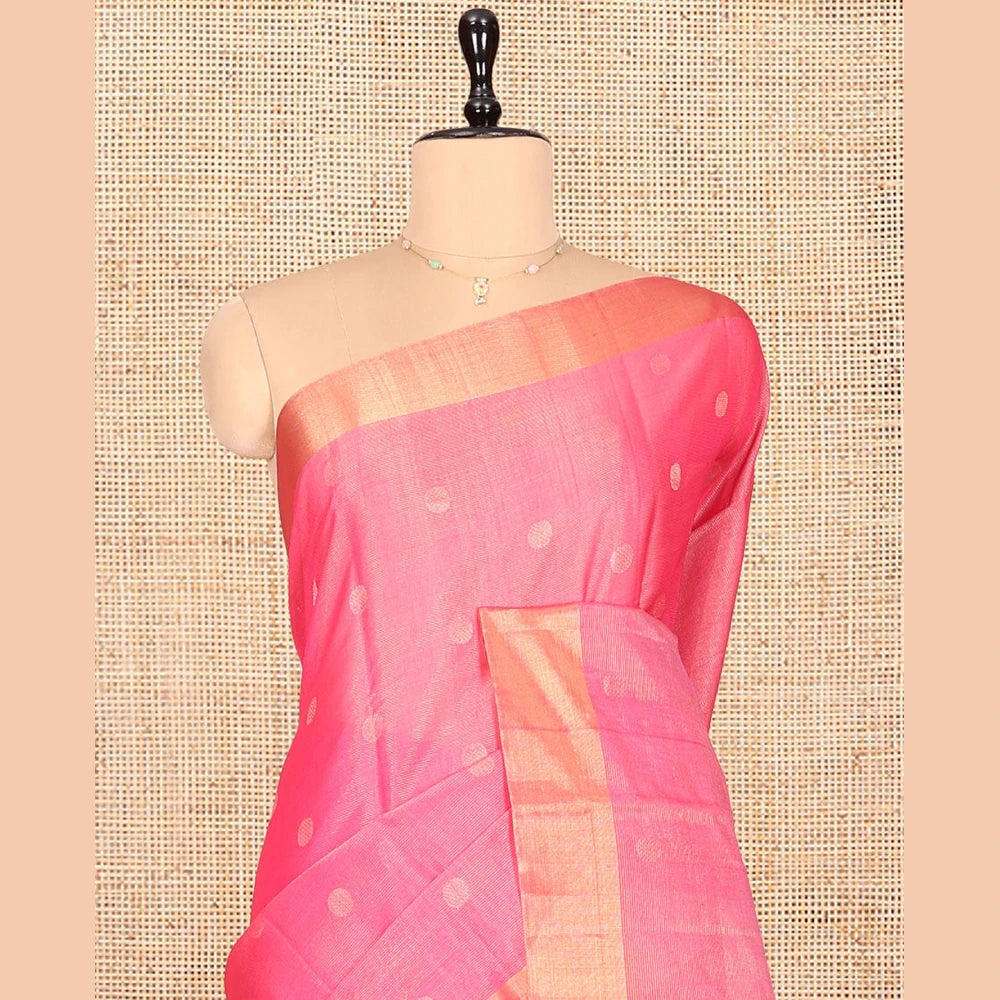 Pothys Pink Silk Cotton Saree, Detailed with Rudraksham Buttas, a Gleaming Bavanji Border, Pallu of Geometric Designs, and a Matching Blouse