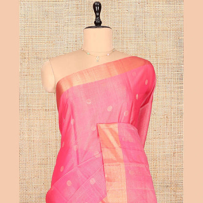 Pothys Pink Silk Cotton Saree, Detailed with Rudraksham Buttas, a Gleaming Bavanji Border, Pallu of Geometric Designs, and a Matching Blouse