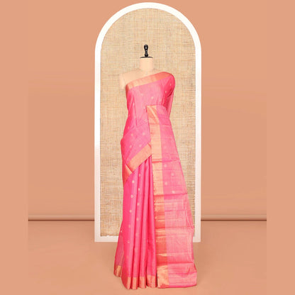 Pothys Pink Silk Cotton Saree, Detailed with Rudraksham Buttas, a Gleaming Bavanji Border, Pallu of Geometric Designs, and a Matching Blouse