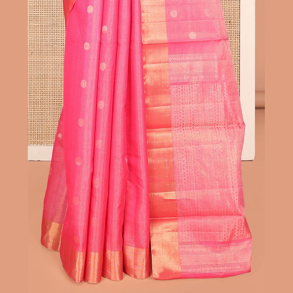 Pothys Pink Silk Cotton Saree, Detailed with Rudraksham Buttas, a Gleaming Bavanji Border, Pallu of Geometric Designs, and a Matching Blouse