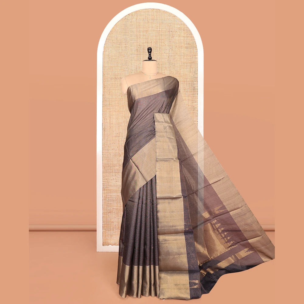 Pothys Grey Silk Cotton Saree, Majestically Detailed with Micro-Checks, a Gleaming Bavanji Border, Pallu of Temple Designs, and a Matching Blouse