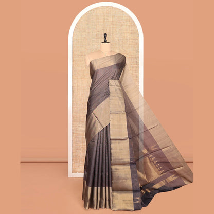 Pothys Grey Silk Cotton Saree, Majestically Detailed with Micro-Checks, a Gleaming Bavanji Border, Pallu of Temple Designs, and a Matching Blouse