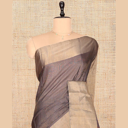 Pothys Grey Silk Cotton Saree, Majestically Detailed with Micro-Checks, a Gleaming Bavanji Border, Pallu of Temple Designs, and a Matching Blouse