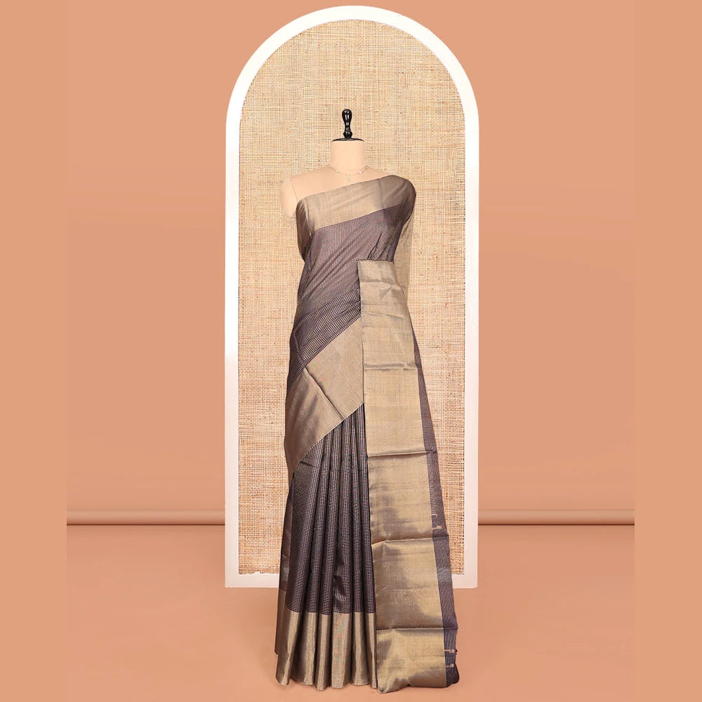 Pothys Grey Silk Cotton Saree, Majestically Detailed with Micro-Checks, a Gleaming Bavanji Border, Pallu of Temple Designs, and a Matching Blouse