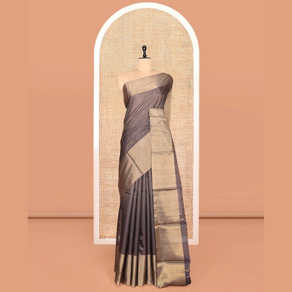 Pothys Grey Silk Cotton Saree, Majestically Detailed with Micro-Checks, a Gleaming Bavanji Border, Pallu of Temple Designs, and a Matching Blouse