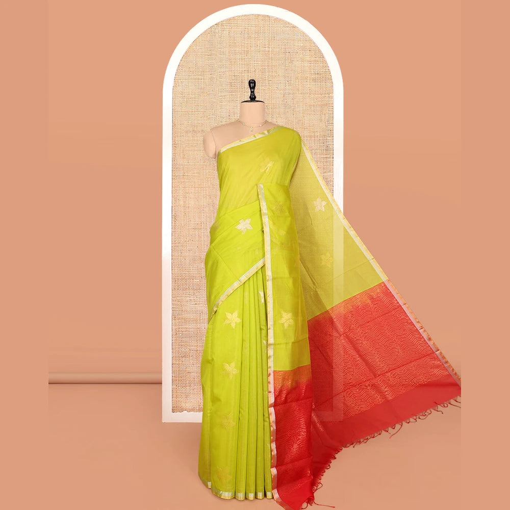 Pothys Leaf Green Silk Cotton Saree, Gleamed Up with Floral Buttas, a Subtle Piping Border, Contrast Pallu of Intricate Designs, and a Contrast Blouse