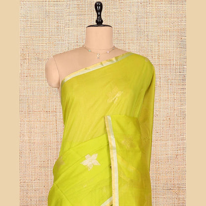 Pothys Leaf Green Silk Cotton Saree, Gleamed Up with Floral Buttas, a Subtle Piping Border, Contrast Pallu of Intricate Designs, and a Contrast Blouse