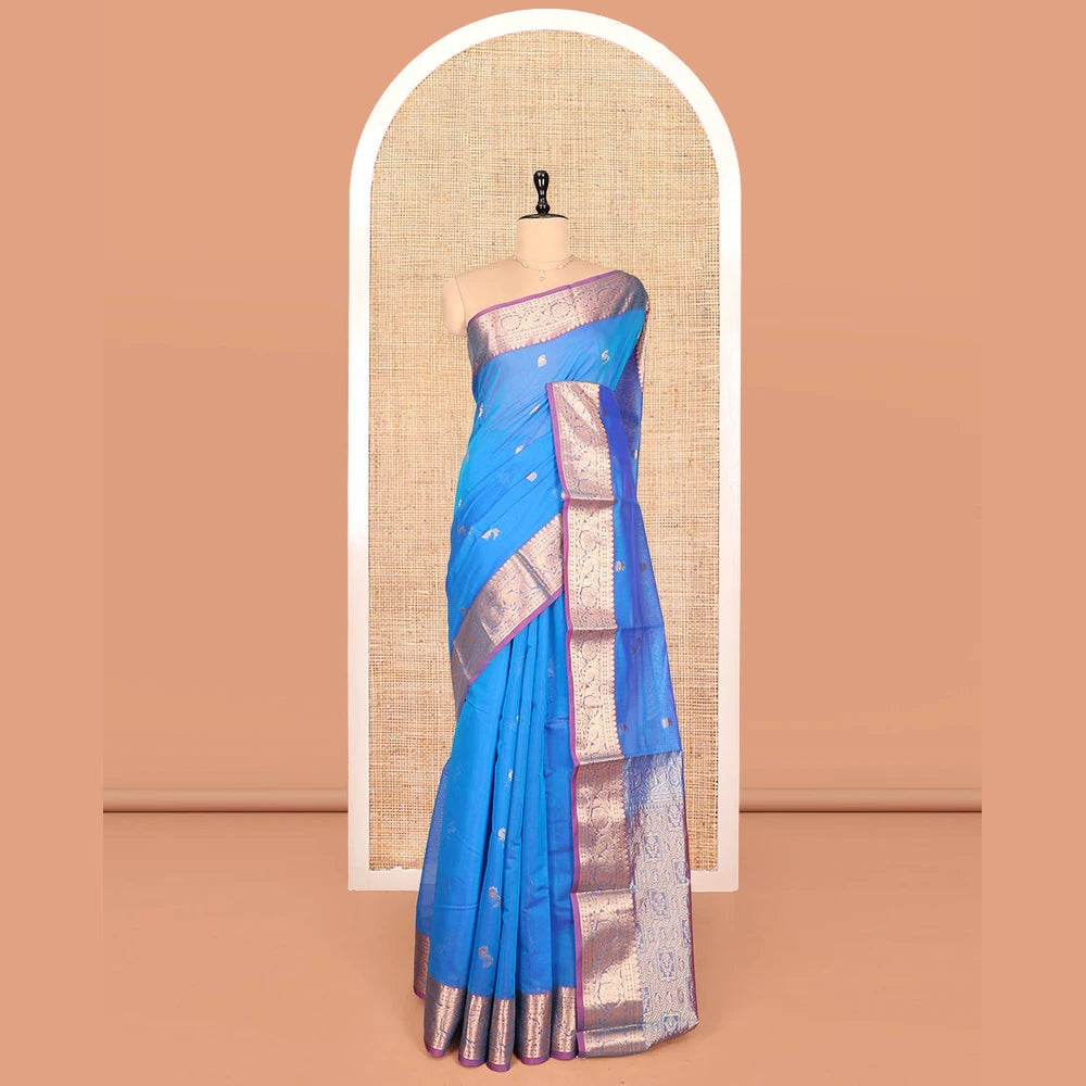 Pothys Blue Silk Cotton Saree, Elevated with Buttas, Complemented by Contrast Floral Creeper Border, Pallu of Intricate Designs, and Contrast Blouse