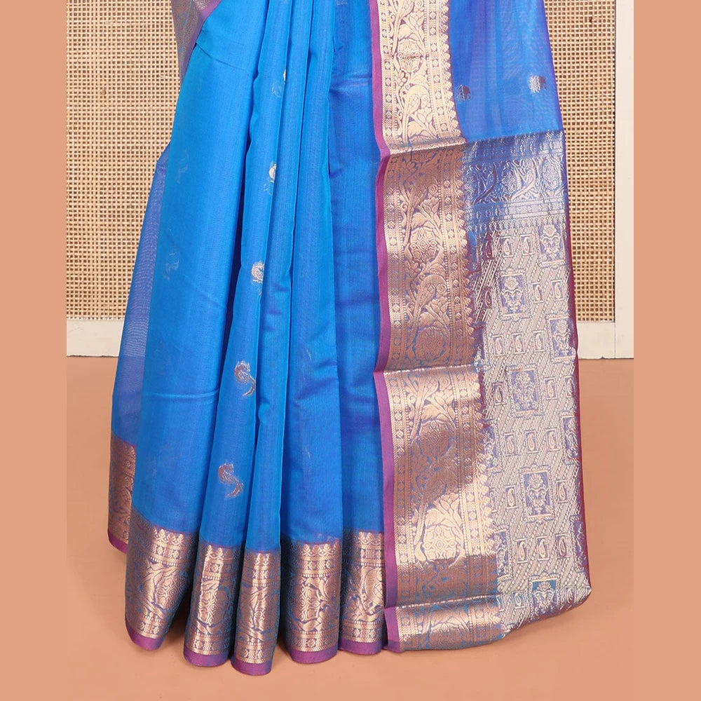 Pothys Blue Silk Cotton Saree, Elevated with Buttas, Complemented by Contrast Floral Creeper Border, Pallu of Intricate Designs, and Contrast Blouse