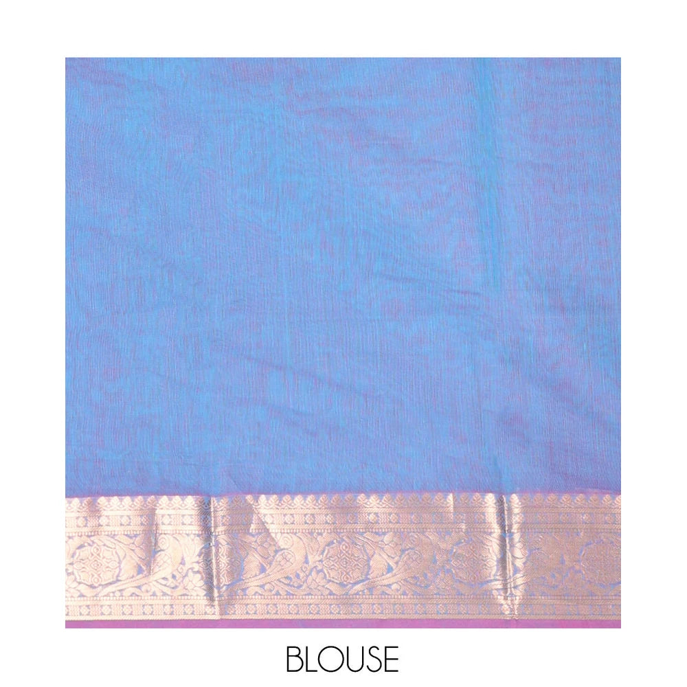 Pothys Blue Silk Cotton Saree, Elevated with Buttas, Complemented by Contrast Floral Creeper Border, Pallu of Intricate Designs, and Contrast Blouse