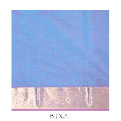 Pothys Blue Silk Cotton Saree, Elevated with Buttas, Complemented by Contrast Floral Creeper Border, Pallu of Intricate Designs, and Contrast Blouse