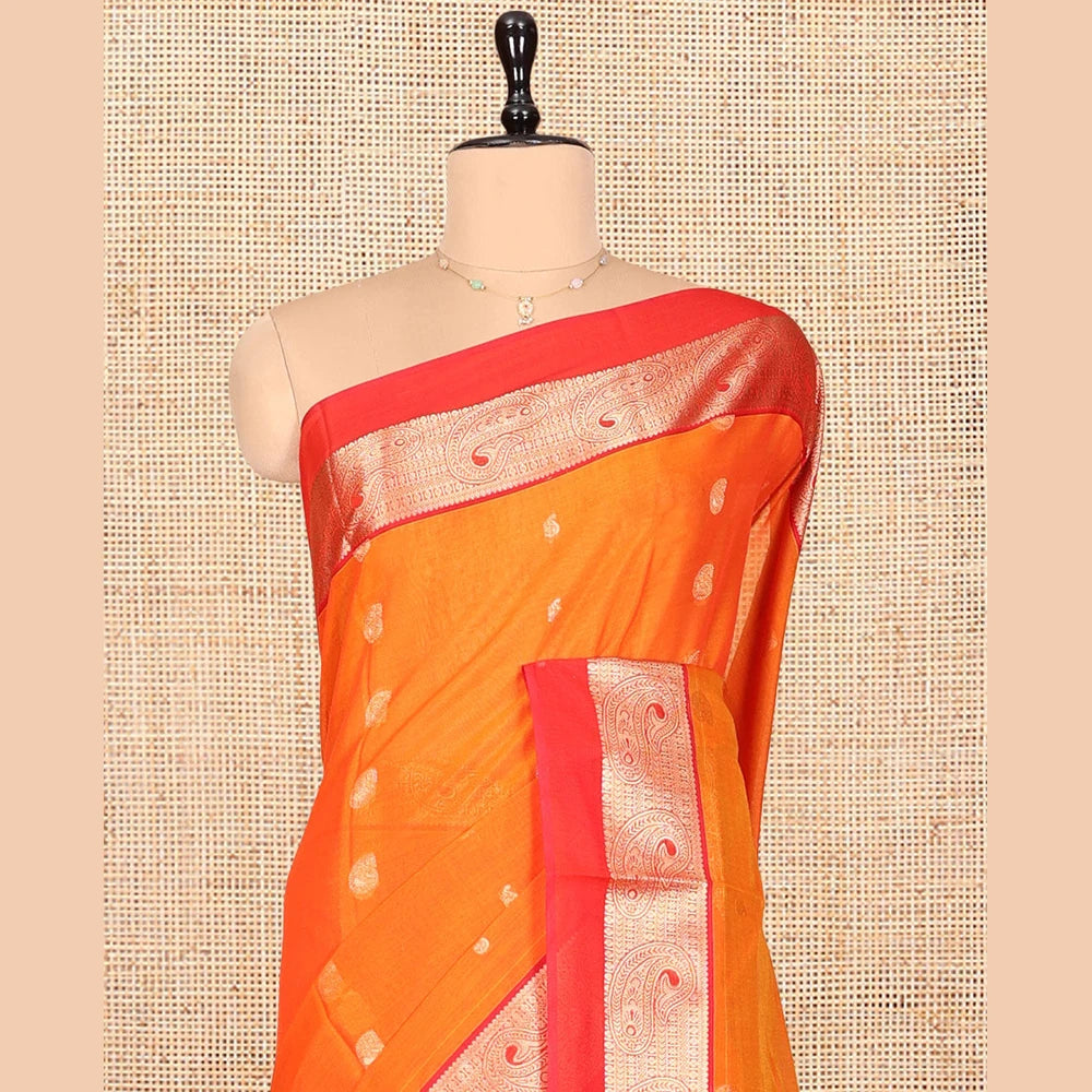Pothys Orange Silk Cotton Saree, Accentuated with Buttas, a Contrast Traditional Zari Paisley Design Border, Pallu of Intricate Designs, and Contrast Blouse