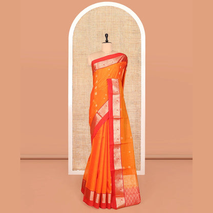 Pothys Orange Silk Cotton Saree, Accentuated with Buttas, a Contrast Traditional Zari Paisley Design Border, Pallu of Intricate Designs, and Contrast Blouse