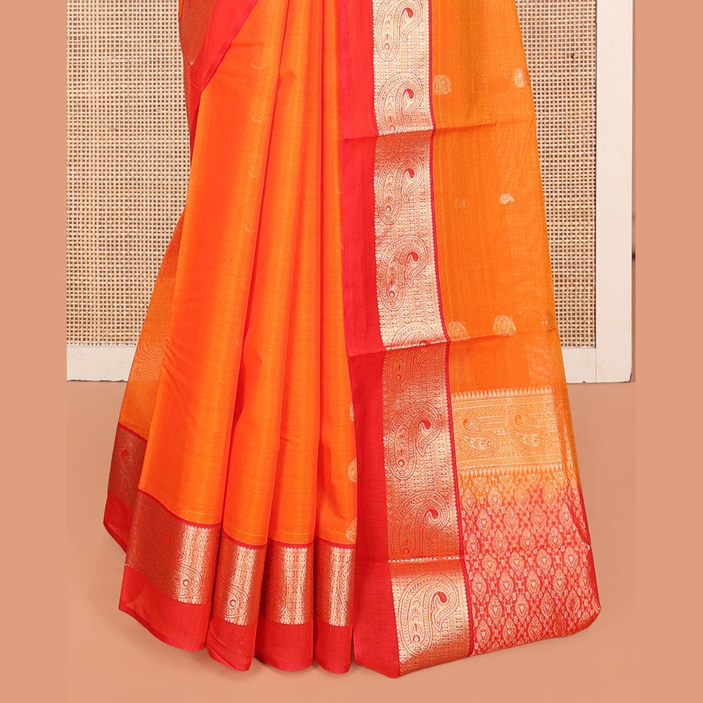 Pothys Orange Silk Cotton Saree, Accentuated with Buttas, a Contrast Traditional Zari Paisley Design Border, Pallu of Intricate Designs, and Contrast Blouse