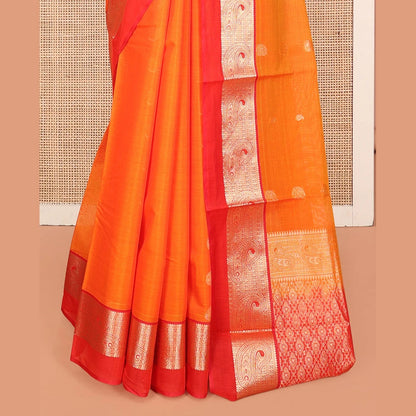 Pothys Orange Silk Cotton Saree, Accentuated with Buttas, a Contrast Traditional Zari Paisley Design Border, Pallu of Intricate Designs, and Contrast Blouse