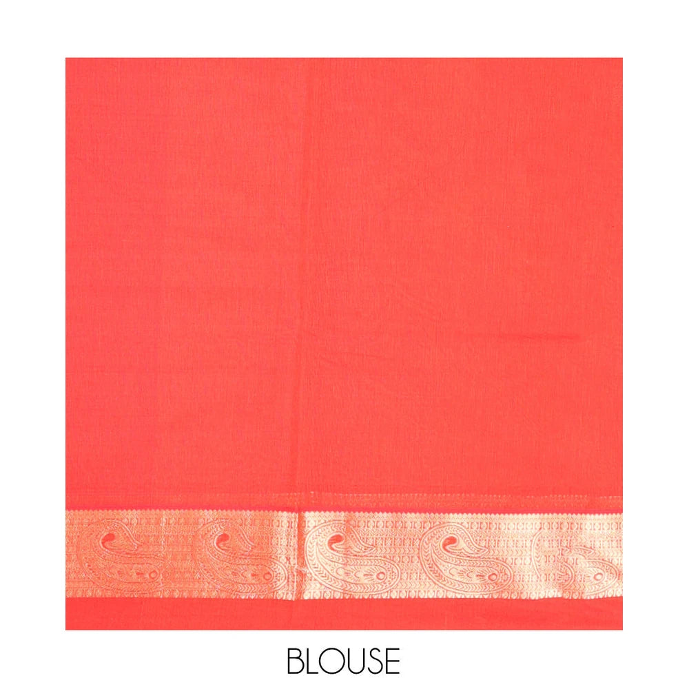 Pothys Orange Silk Cotton Saree, Accentuated with Buttas, a Contrast Traditional Zari Paisley Design Border, Pallu of Intricate Designs, and Contrast Blouse