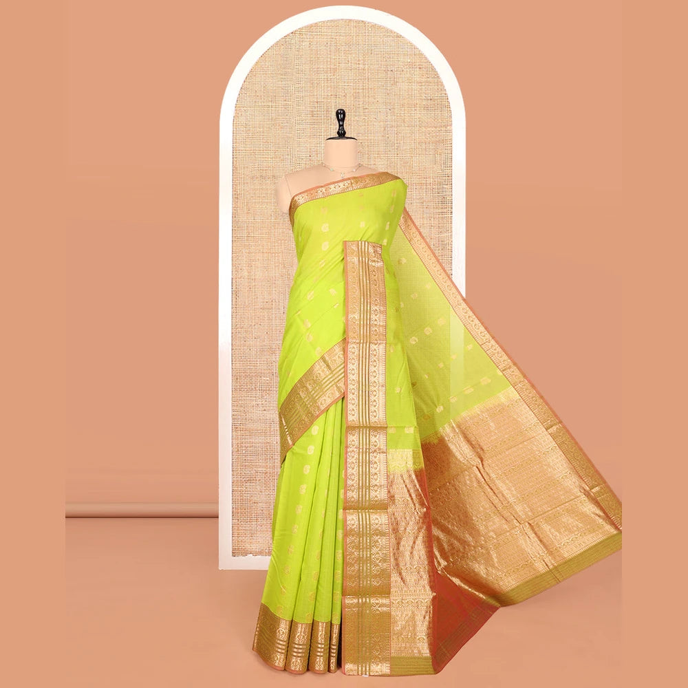 Pothys Green Silk Cotton Saree, Delicately Woven with Buttas, a Contrast Traditional Zari Design Border, Pallu of Intricate Designs, and Contrast Blouse