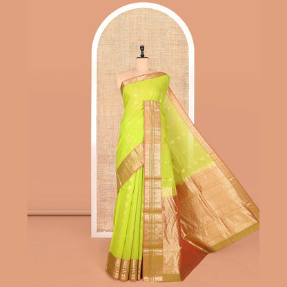 Pothys Green Silk Cotton Saree, Delicately Woven with Buttas, a Contrast Traditional Zari Design Border, Pallu of Intricate Designs, and Contrast Blouse