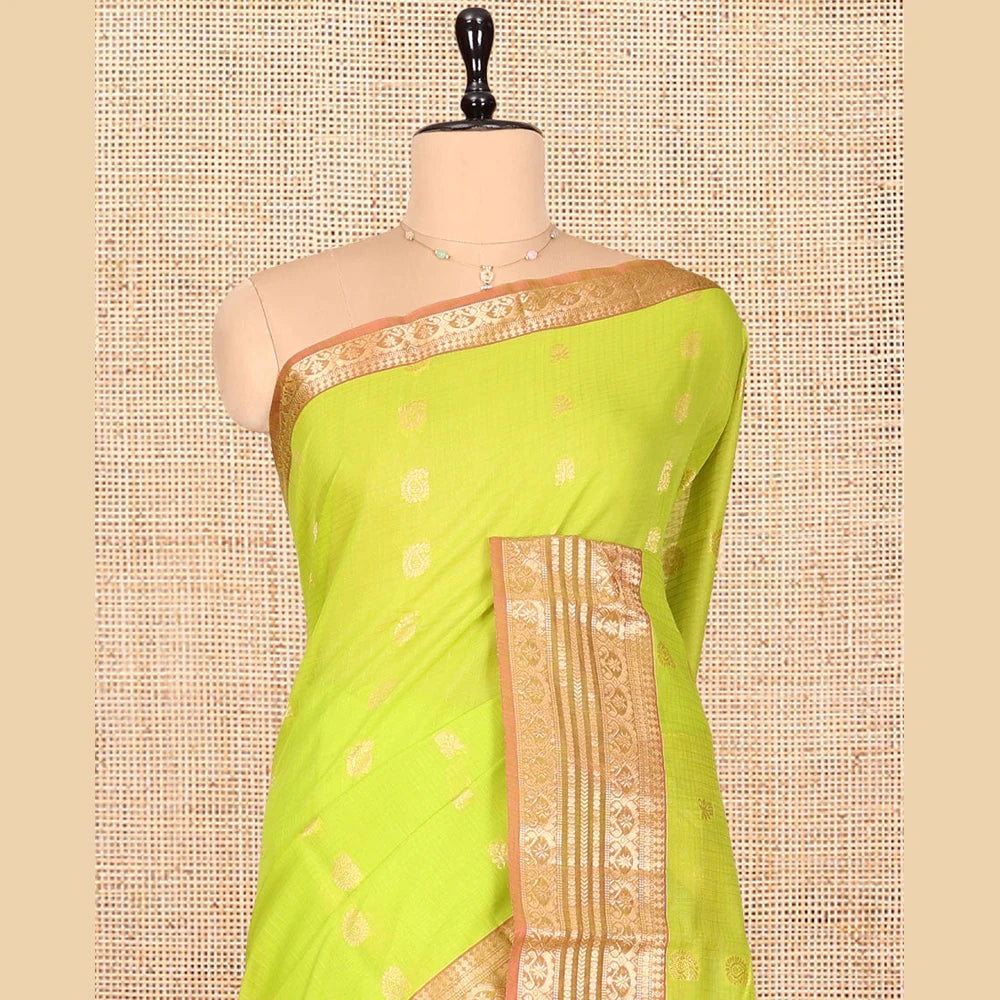 Pothys Green Silk Cotton Saree, Delicately Woven with Buttas, a Contrast Traditional Zari Design Border, Pallu of Intricate Designs, and Contrast Blouse