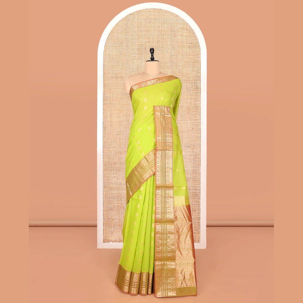 Pothys Green Silk Cotton Saree, Delicately Woven with Buttas, a Contrast Traditional Zari Design Border, Pallu of Intricate Designs, and Contrast Blouse