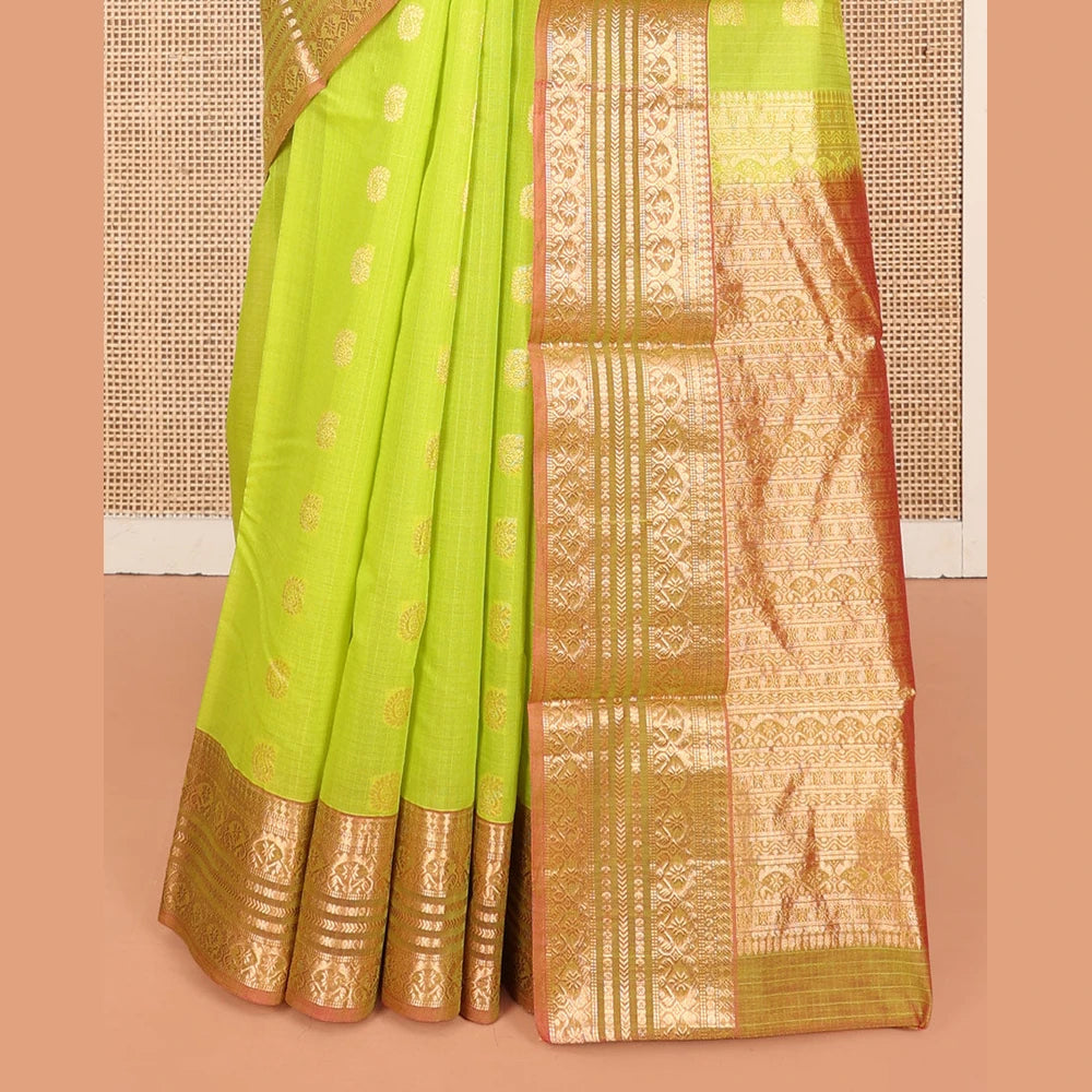 Pothys Green Silk Cotton Saree, Delicately Woven with Buttas, a Contrast Traditional Zari Design Border, Pallu of Intricate Designs, and Contrast Blouse