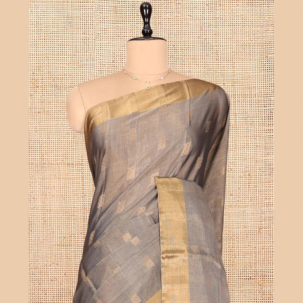 Pothys Grey Silk Cotton Saree, Woven with Buttas, a Subtle Bavanji Border, Pallu of Intricate Designs, and Matching Blouse