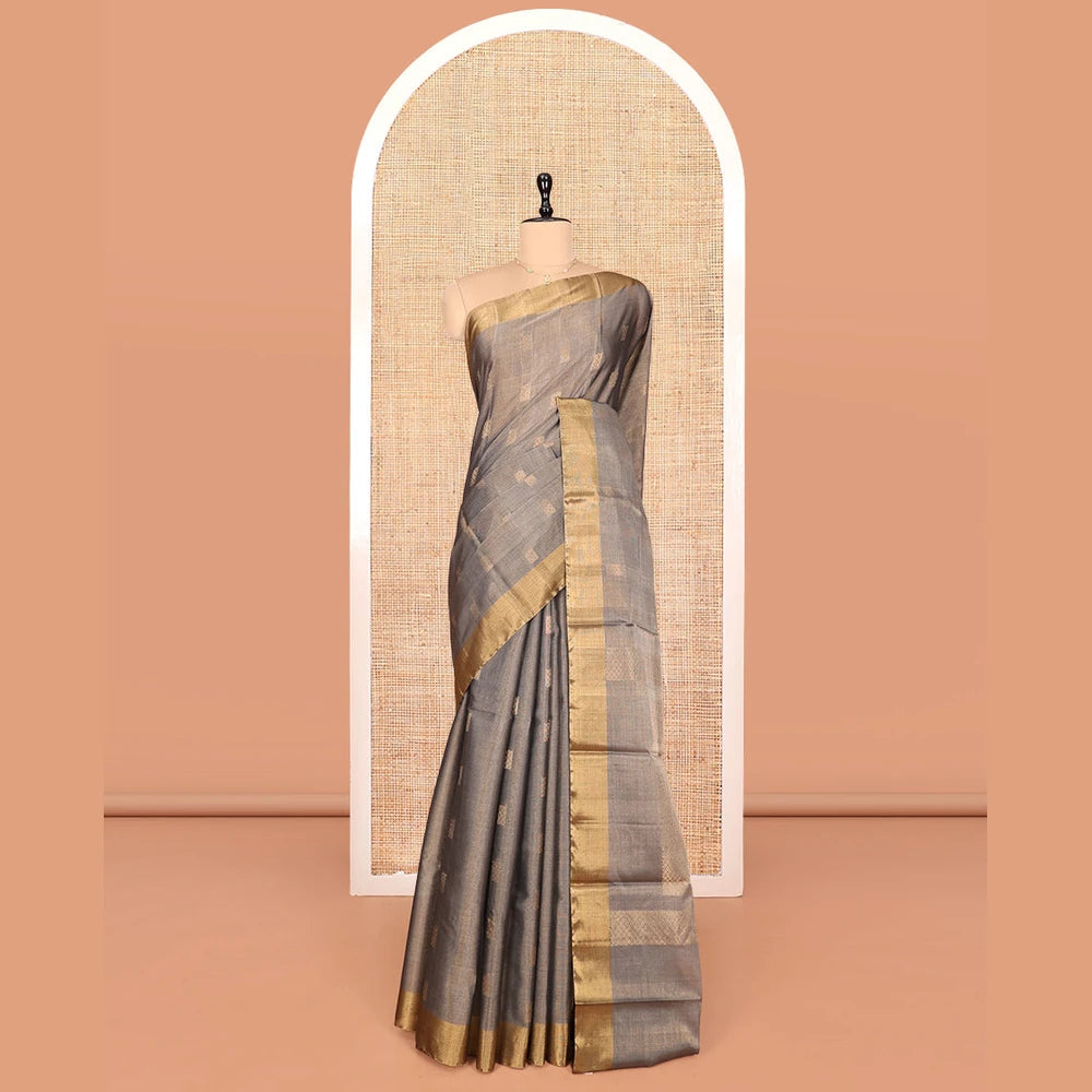 Pothys Grey Silk Cotton Saree, Woven with Buttas, a Subtle Bavanji Border, Pallu of Intricate Designs, and Matching Blouse