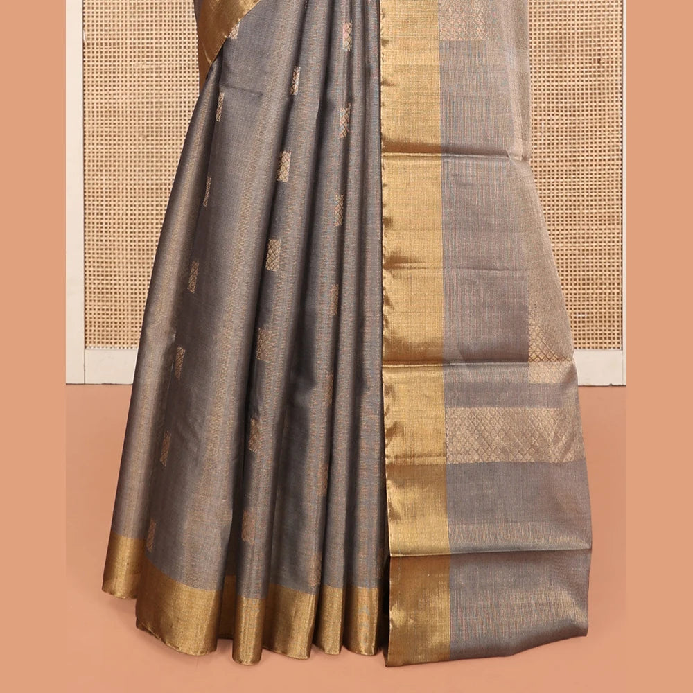 Pothys Grey Silk Cotton Saree, Woven with Buttas, a Subtle Bavanji Border, Pallu of Intricate Designs, and Matching Blouse