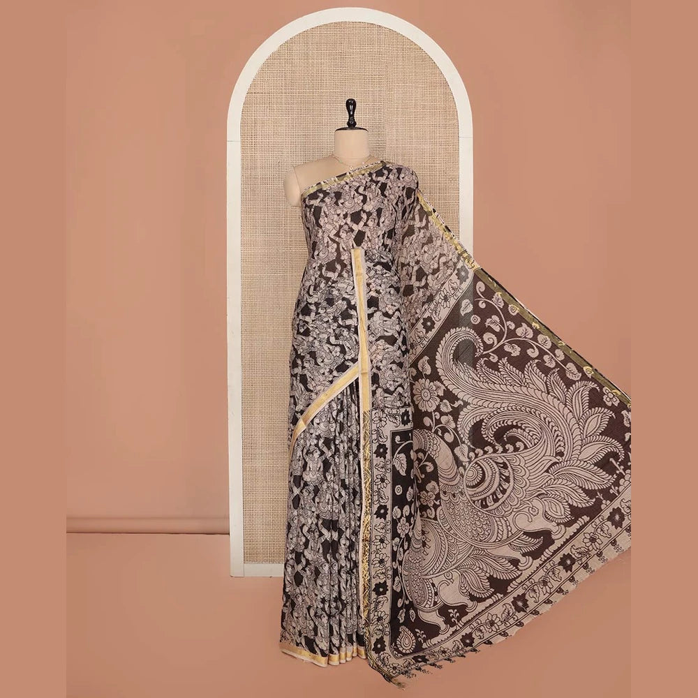 Pothys Black Machine-Printed Kalamkari Cotton Saree Features Human Motifs, a Piping Border, Pallu of Peacocks, and a Matching Blouse