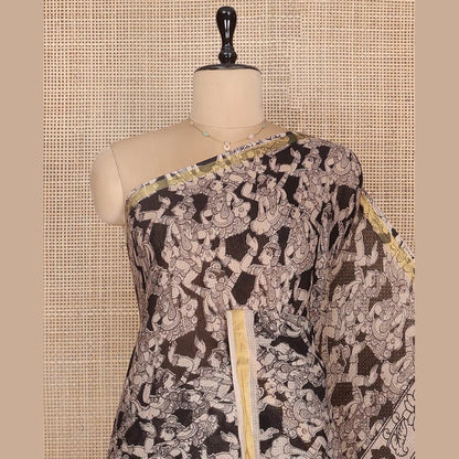 Pothys Black Machine-Printed Kalamkari Cotton Saree Features Human Motifs, a Piping Border, Pallu of Peacocks, and a Matching Blouse