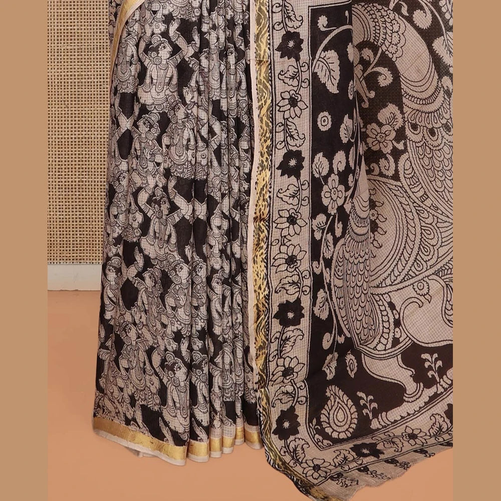 Pothys Black Machine-Printed Kalamkari Cotton Saree Features Human Motifs, a Piping Border, Pallu of Peacocks, and a Matching Blouse
