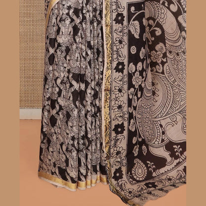 Pothys Black Machine-Printed Kalamkari Cotton Saree Features Human Motifs, a Piping Border, Pallu of Peacocks, and a Matching Blouse