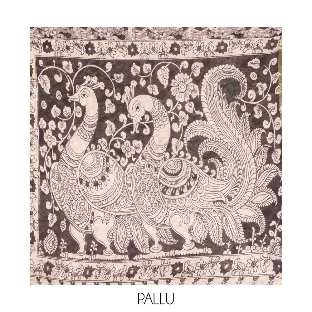 Pothys Black Machine-Printed Kalamkari Cotton Saree Features Human Motifs, a Piping Border, Pallu of Peacocks, and a Matching Blouse