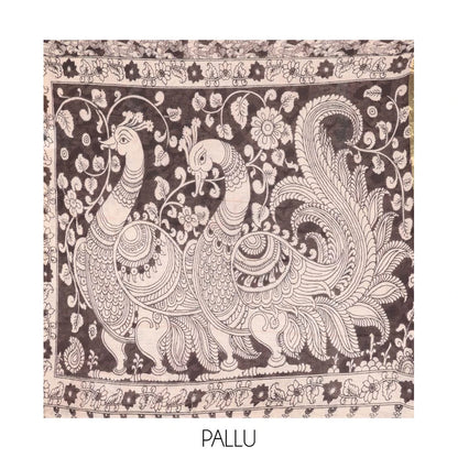Pothys Black Machine-Printed Kalamkari Cotton Saree Features Human Motifs, a Piping Border, Pallu of Peacocks, and a Matching Blouse