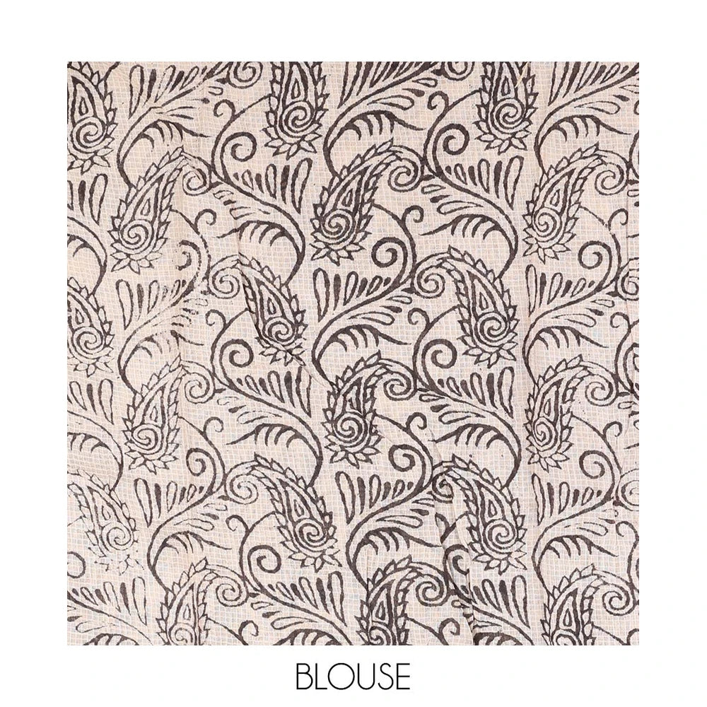 Pothys Black Machine-Printed Kalamkari Cotton Saree Features Human Motifs, a Piping Border, Pallu of Peacocks, and a Matching Blouse
