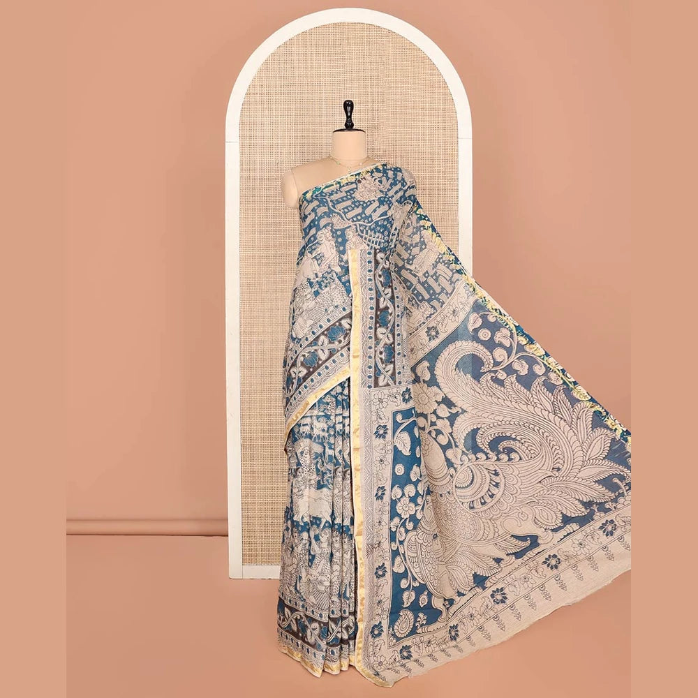 Pothys Blue Machine-Printed Kalamkari Cotton Saree Features Human Motifs, a Piping Border, Pallu of Peacocks, and a Matching Blouse