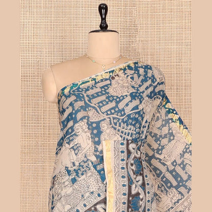 Pothys Blue Machine-Printed Kalamkari Cotton Saree Features Human Motifs, a Piping Border, Pallu of Peacocks, and a Matching Blouse