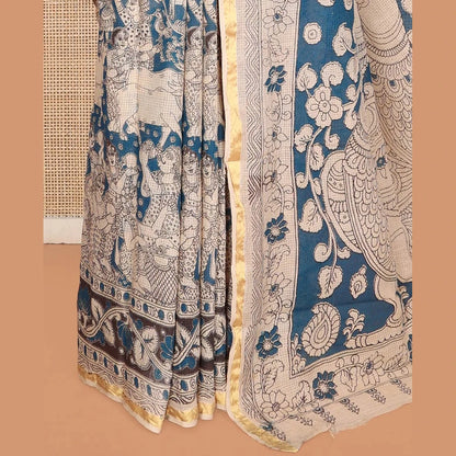 Pothys Blue Machine-Printed Kalamkari Cotton Saree Features Human Motifs, a Piping Border, Pallu of Peacocks, and a Matching Blouse