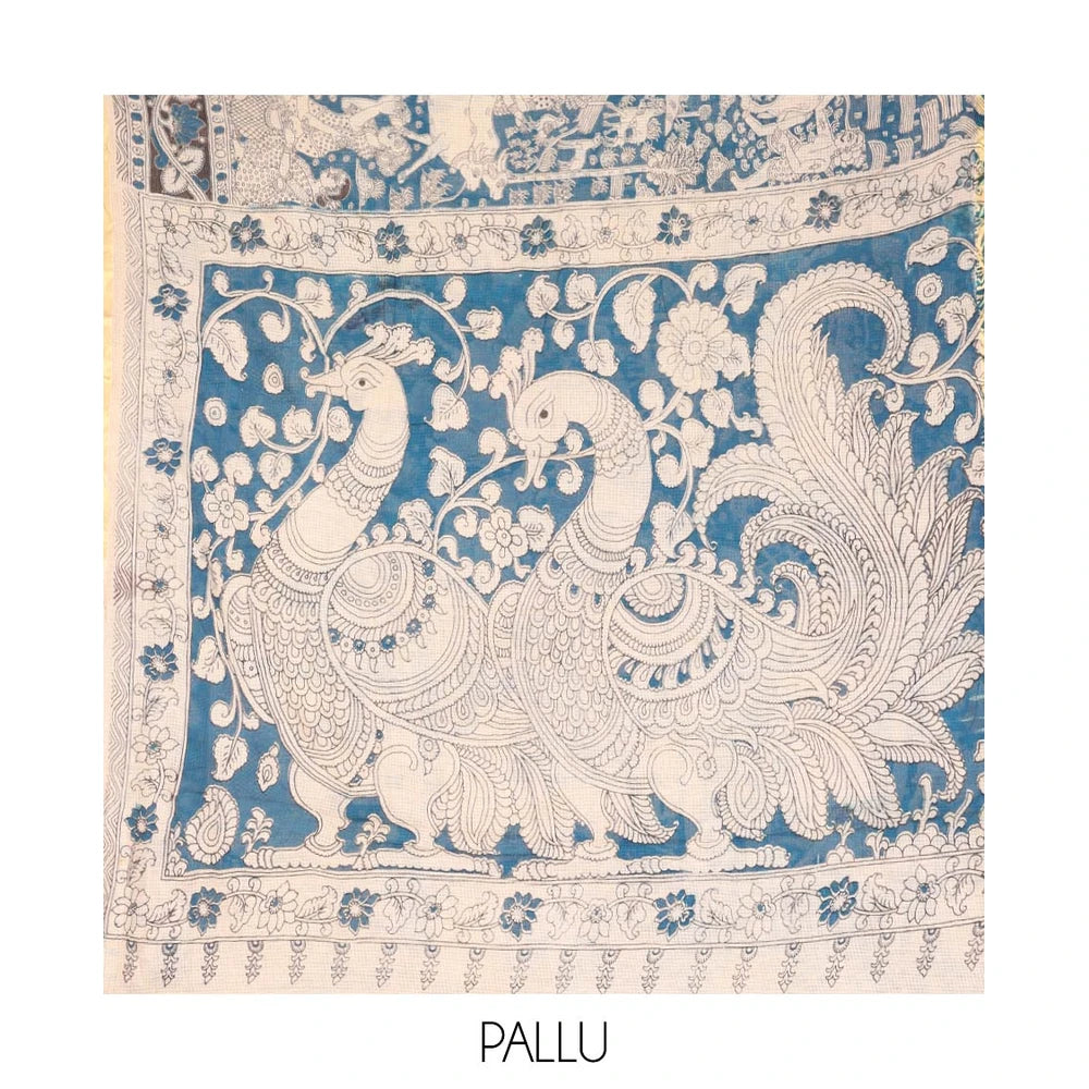 Pothys Blue Machine-Printed Kalamkari Cotton Saree Features Human Motifs, a Piping Border, Pallu of Peacocks, and a Matching Blouse