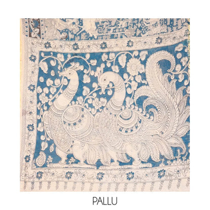 Pothys Blue Machine-Printed Kalamkari Cotton Saree Features Human Motifs, a Piping Border, Pallu of Peacocks, and a Matching Blouse