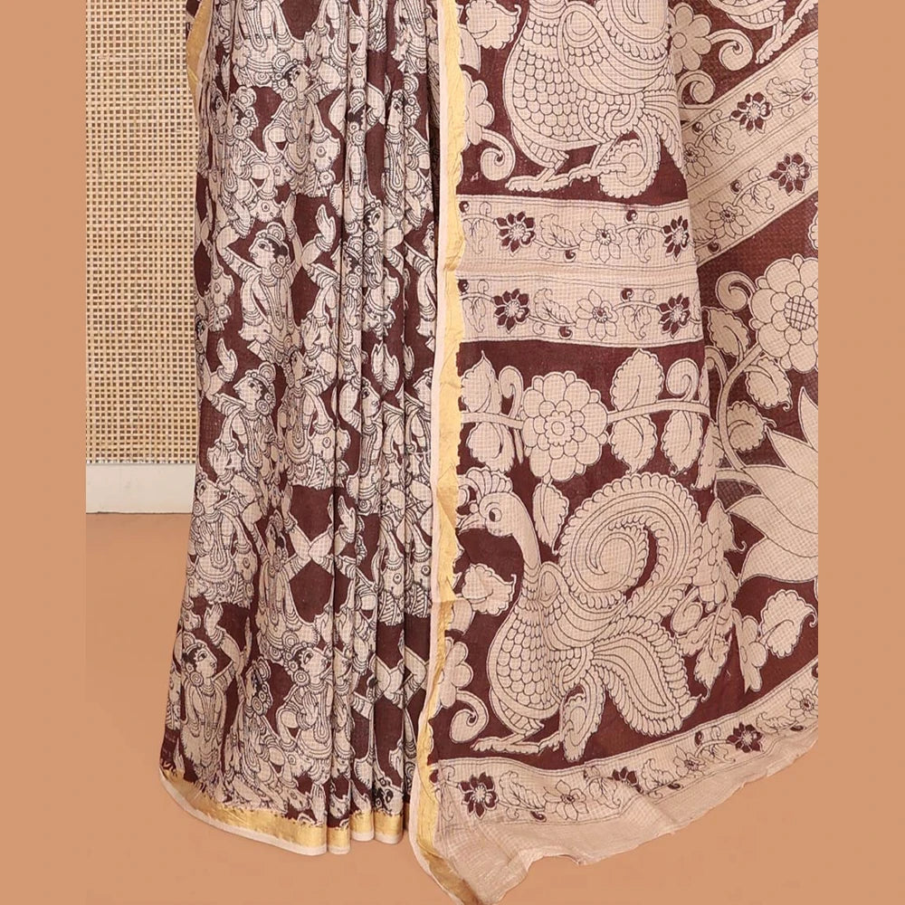 Pothys Brown Machine-Printed Kalamkari Cotton Saree Features Human Motifs, a Piping Border, Pallu of Peacocks, and a Matching Blouse