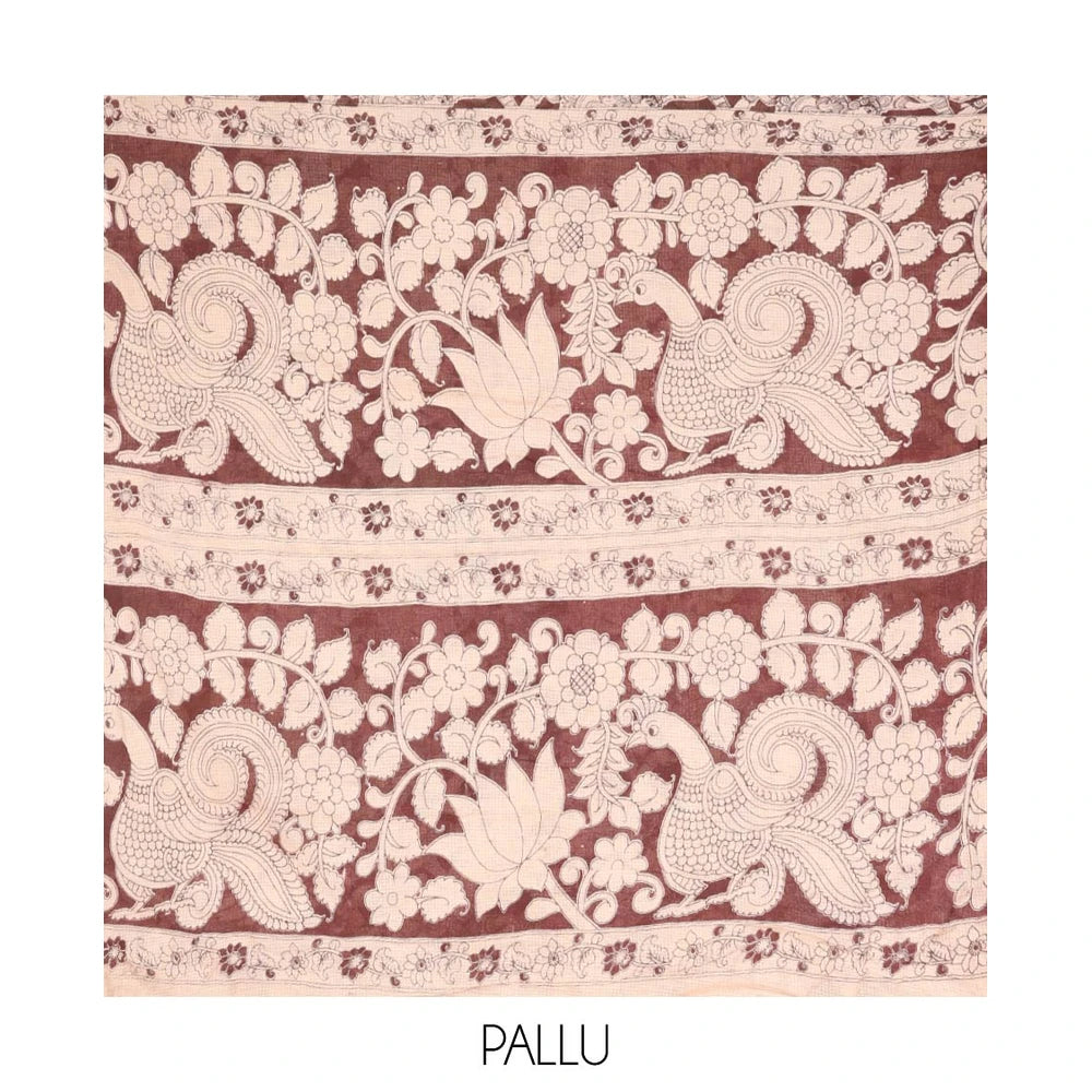 Pothys Brown Machine-Printed Kalamkari Cotton Saree Features Human Motifs, a Piping Border, Pallu of Peacocks, and a Matching Blouse