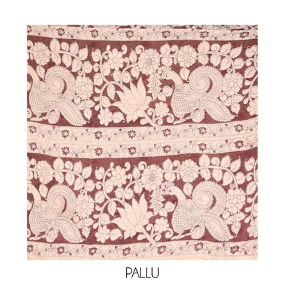 Pothys Brown Machine-Printed Kalamkari Cotton Saree Features Human Motifs, a Piping Border, Pallu of Peacocks, and a Matching Blouse