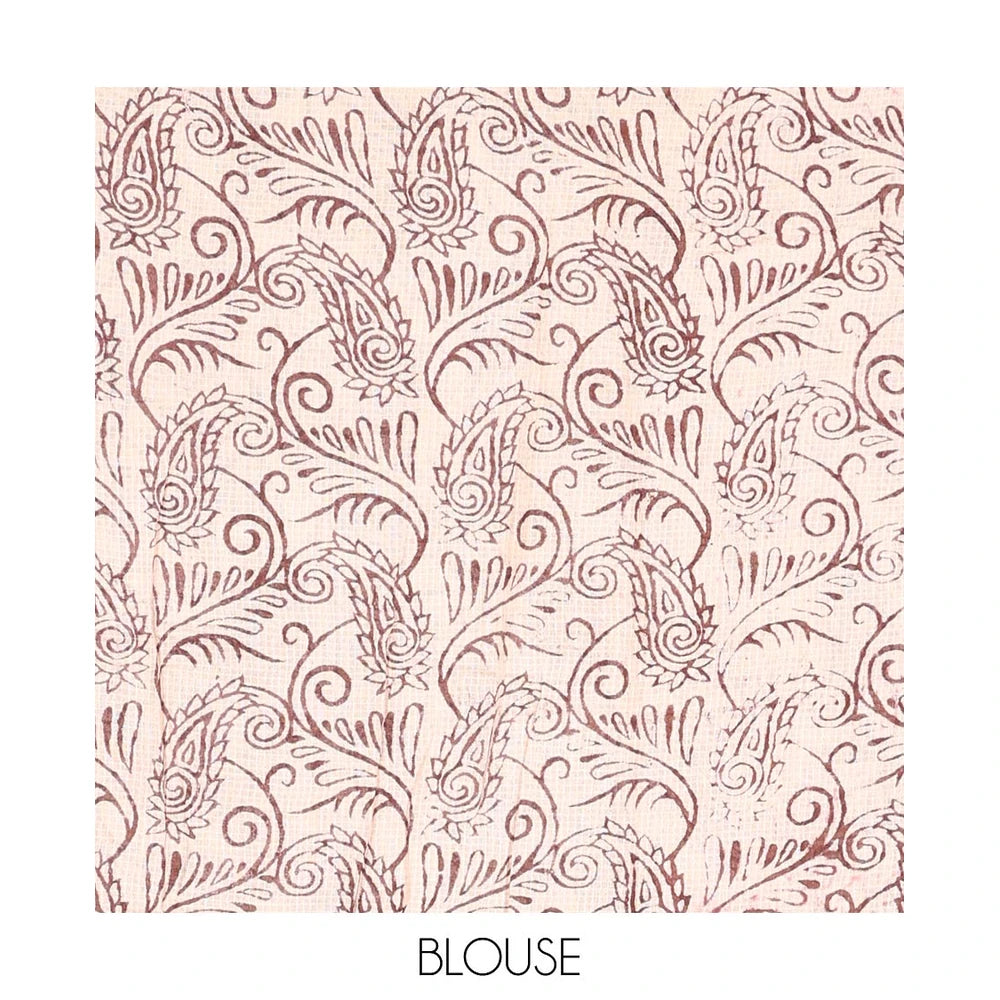 Pothys Brown Machine-Printed Kalamkari Cotton Saree Features Human Motifs, a Piping Border, Pallu of Peacocks, and a Matching Blouse